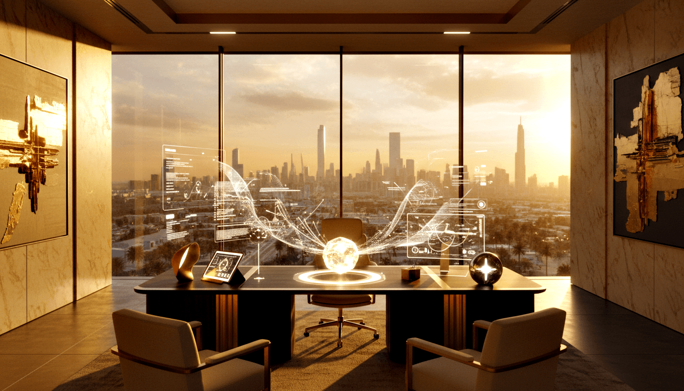 CGI executive office: curved dark desk with glowing orb, holographic data panels, two cream chairs, floor-to-ceiling city skyline windows.