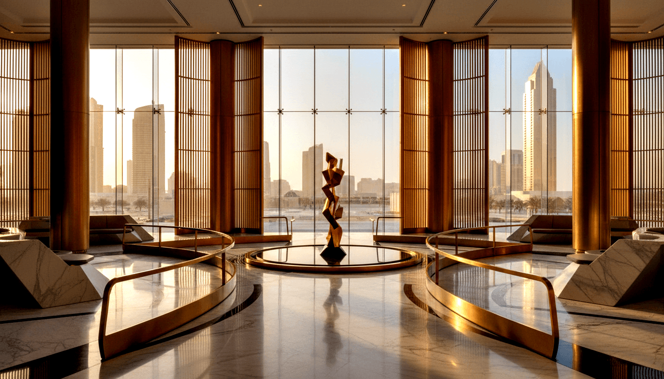 Symmetrical lobby with tall abstract bronze sculpture on circular platform, brass railings, marble floors, and floor-to-ceiling glass walls.