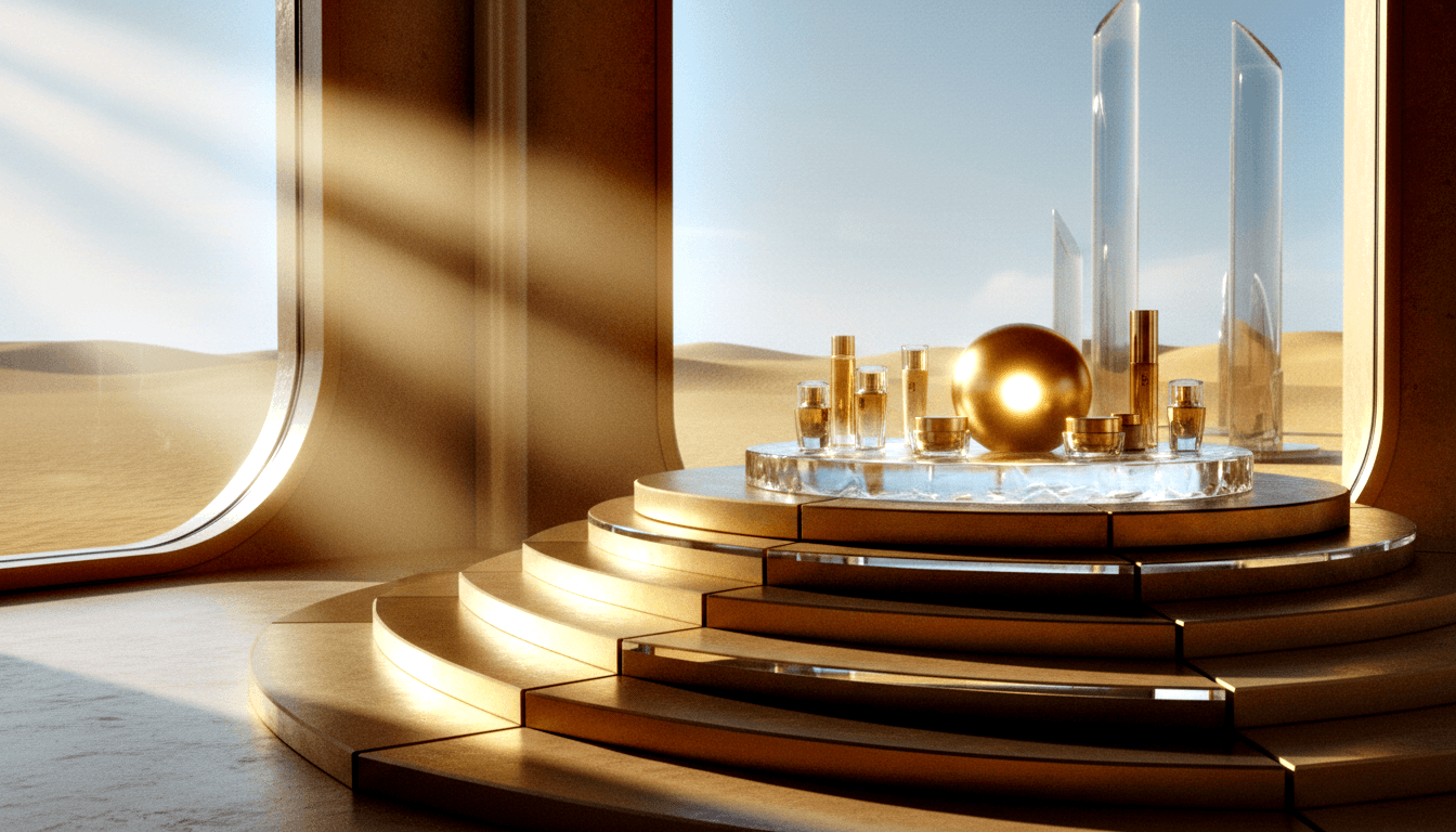 3D-rendered gold pedestal with skincare bottles, cream jars, gold sphere, and clear glass obelisks; desert dunes visible through curved archway.