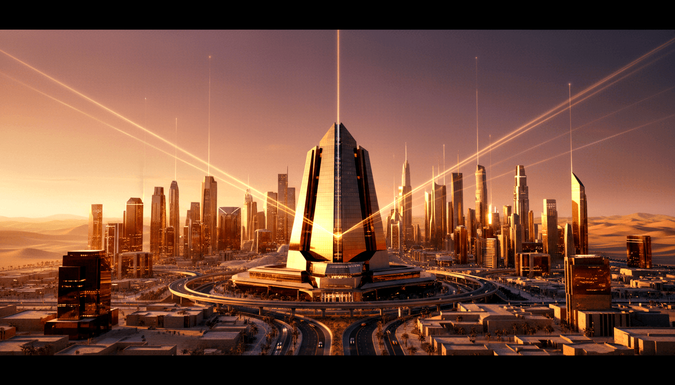 CGI aerial view of a faceted diamond-shaped glass skyscraper in a desert city under amber golden-hour light, with laser beams from its apex.