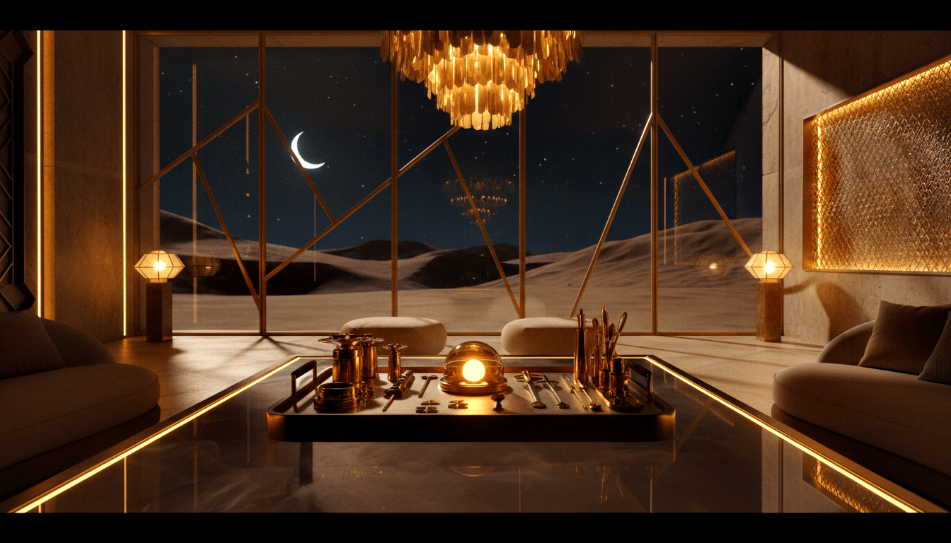 CGI living room with cream sofas, gold chandelier, and geometric windows overlooking desert night with sand dunes, crescent moon, and stars.