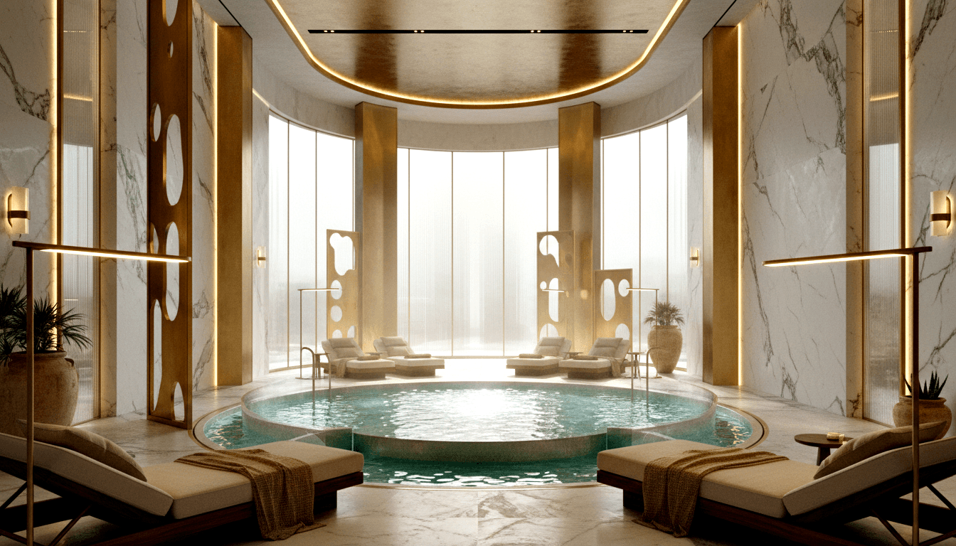CGI spa interior with circular turquoise pool, cream chaise lounges, gold decorative panels, marble walls, and floor-to-ceiling curved windows.