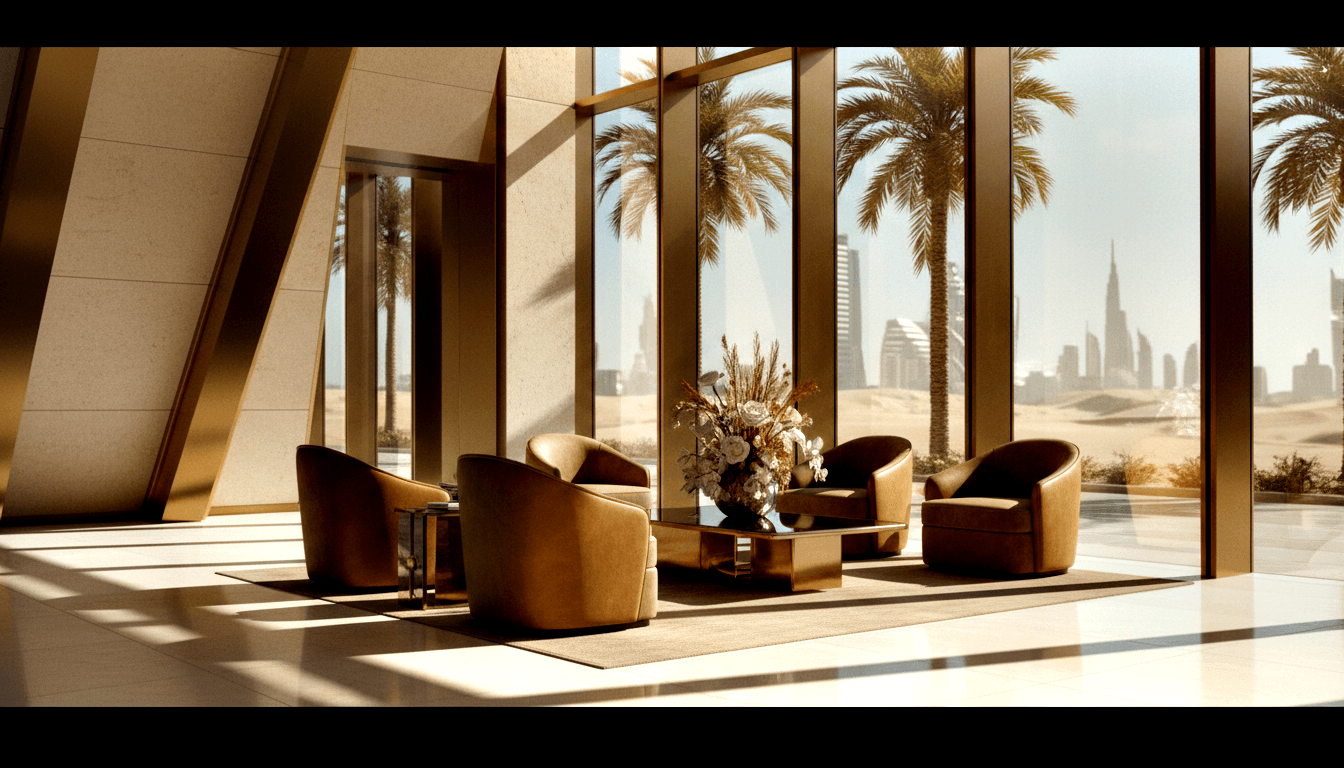 Four curved tan leather armchairs around gold-legged coffee table with florals; marble floor, desert and skyline beyond.