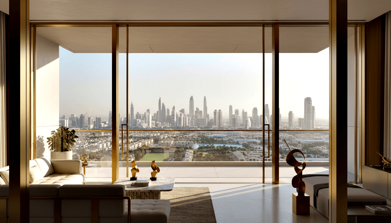 CGI upper-floor living room with cream sofas, marble coffee table, gold accents, and glass walls opening to balcony with city skyline.