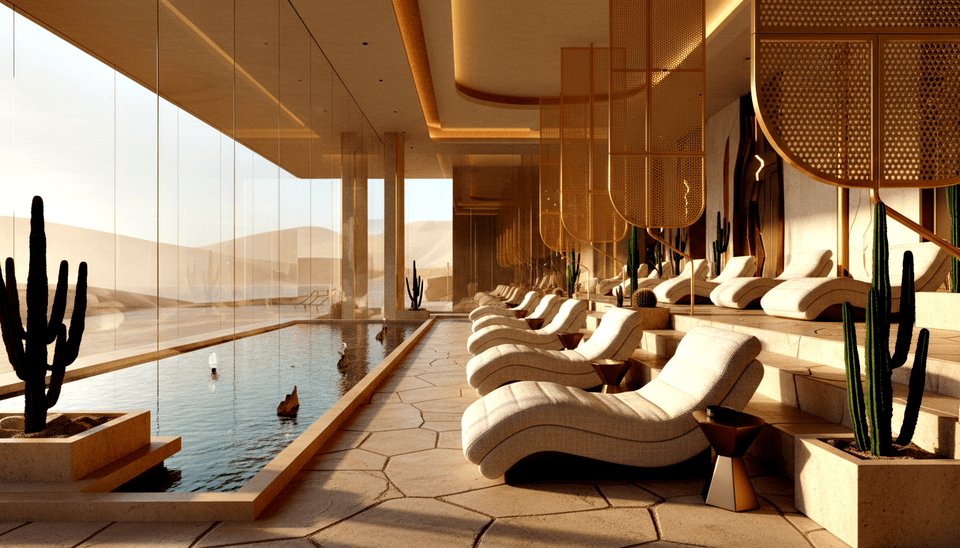 Indoor spa lap pool with wave-form chaise lounges, cacti, brass screens, and glass walls overlooking desert dunes.