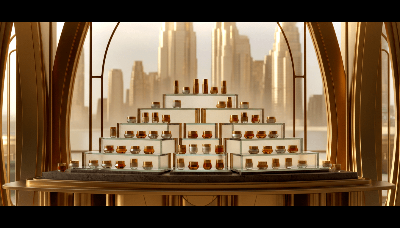 Pyramid tiered stand with amber glass cosmetic jars, gold lids, dark stone base, golden arches, city skyline windows.