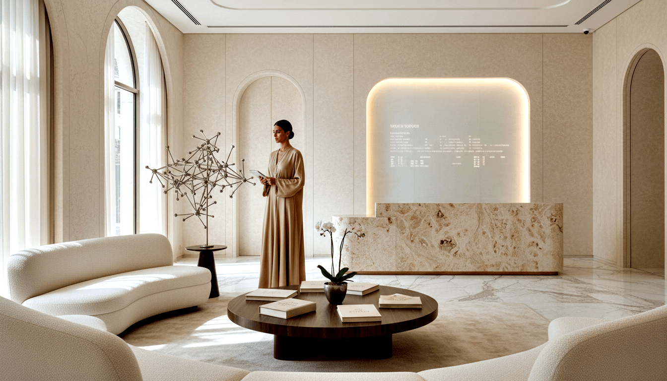 Cream reception area: curved ivory sofas, dark walnut coffee table, woman in sand dress at marble-topped backlit desk.
