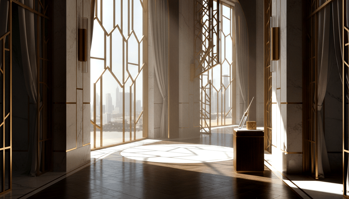 CGI symmetrical hallway with floor-to-ceiling gold lattice window panels, marble walls, herringbone parquet floor, city skyline beyond.