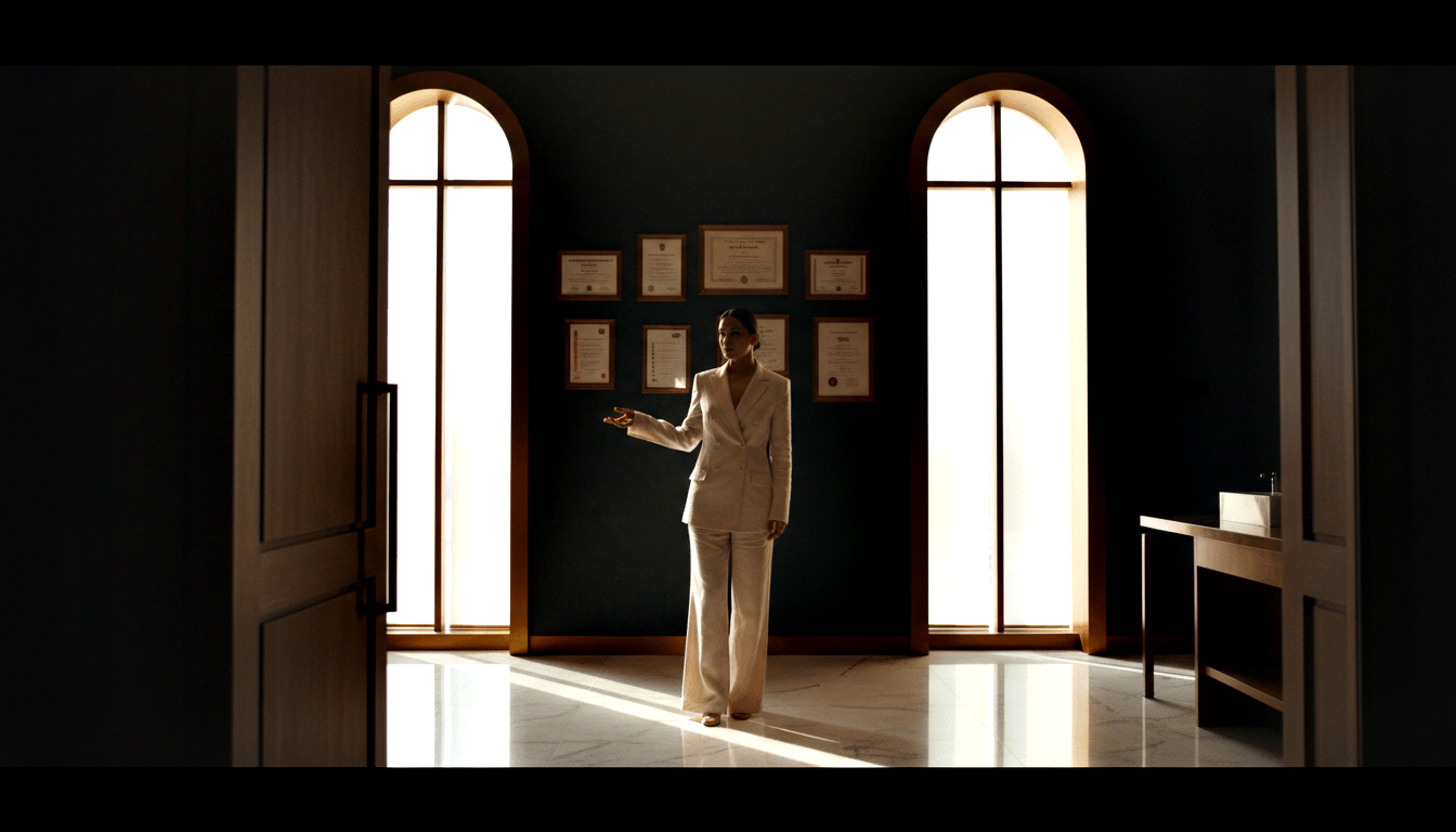 Woman in white blazer and wide-leg trousers stands between two tall arched windows on dark teal walls, one arm extended.