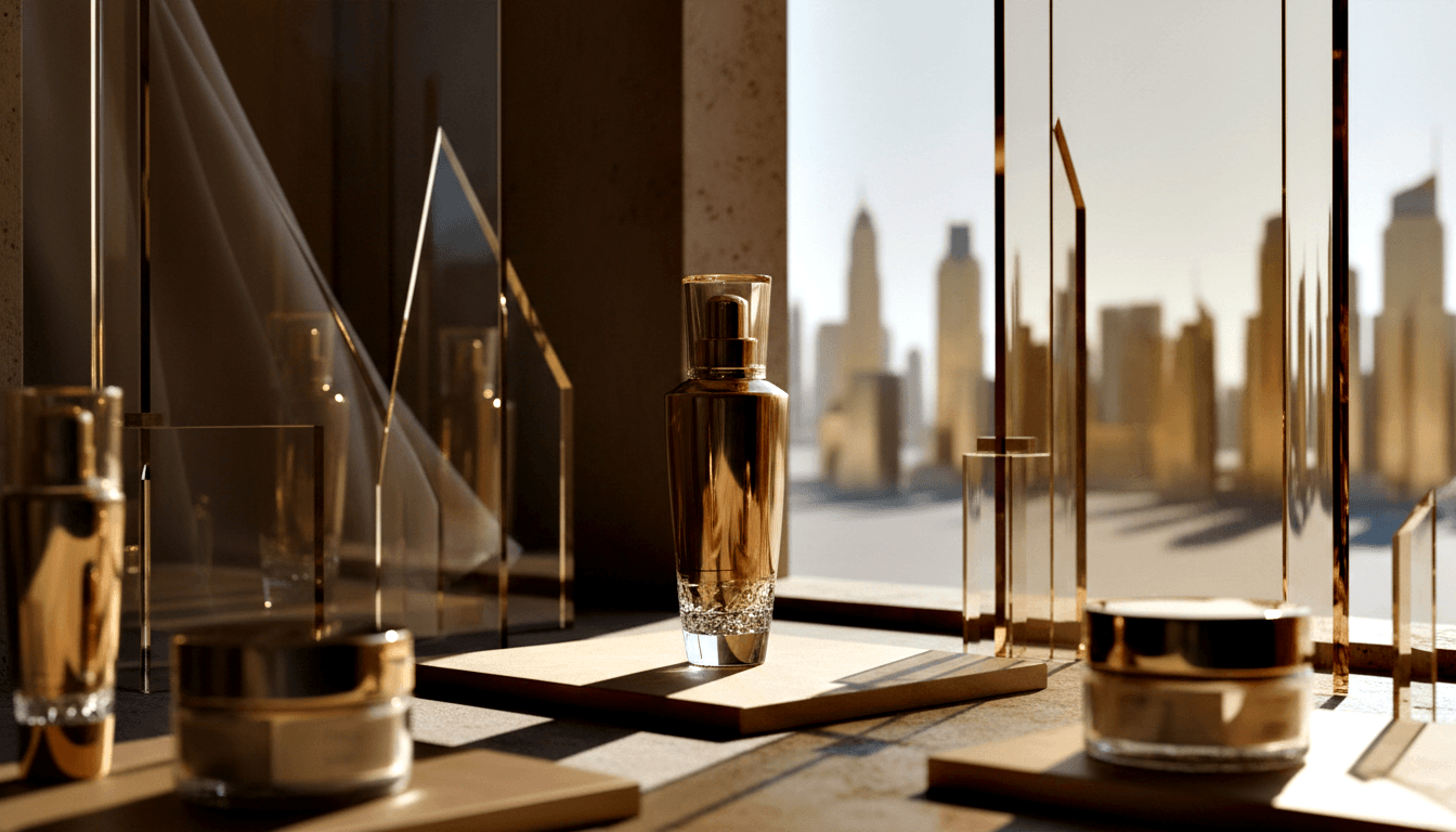 Golden-amber pump bottle on a small platform flanked by two round cosmetic jars, with geometric panels and a blurred city skyline at dusk behind.