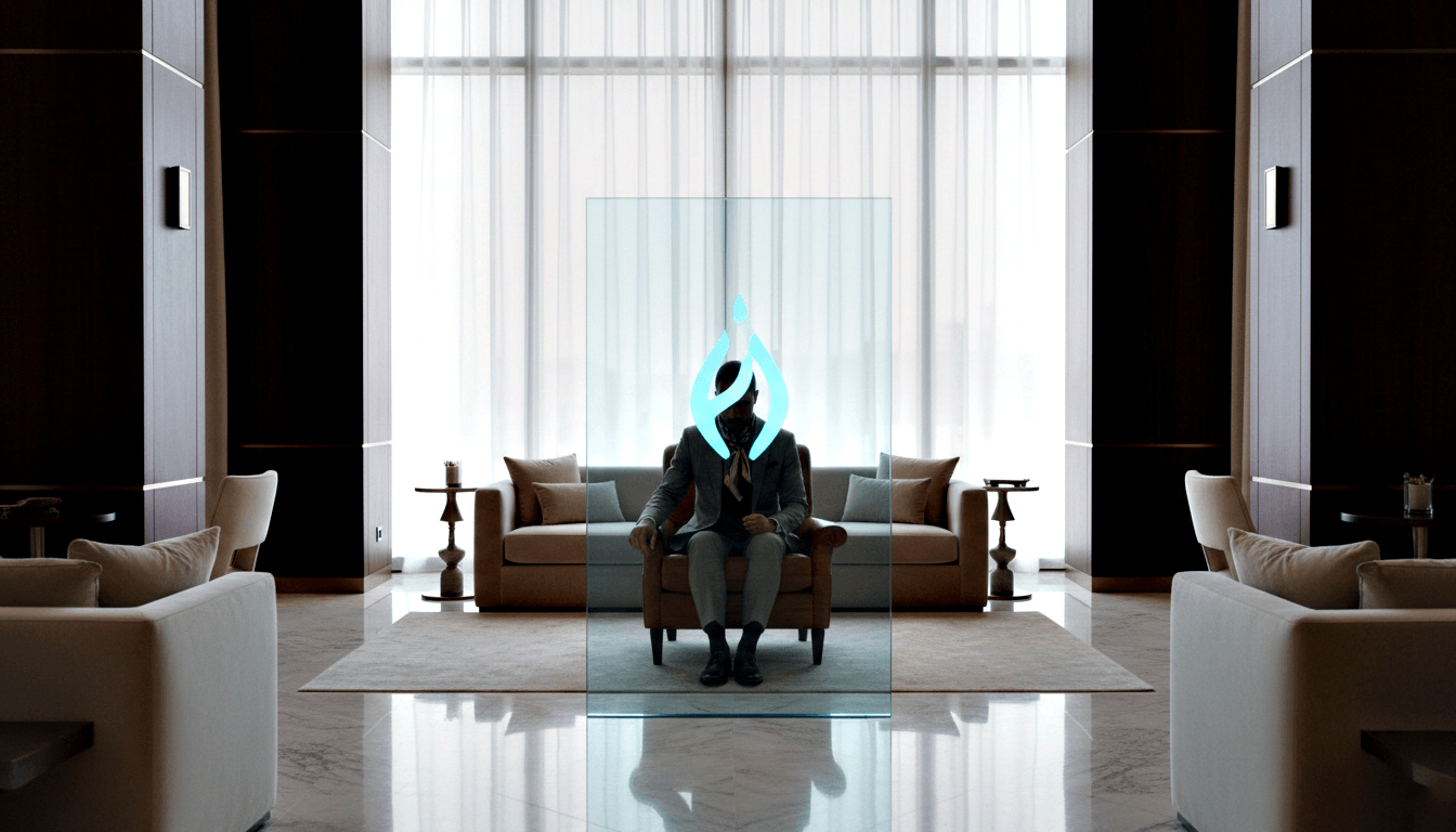 Person in gray suit seated in brown leather armchair, face obscured by glowing cyan flame symbol on glass panel, flanked by two beige sofas.