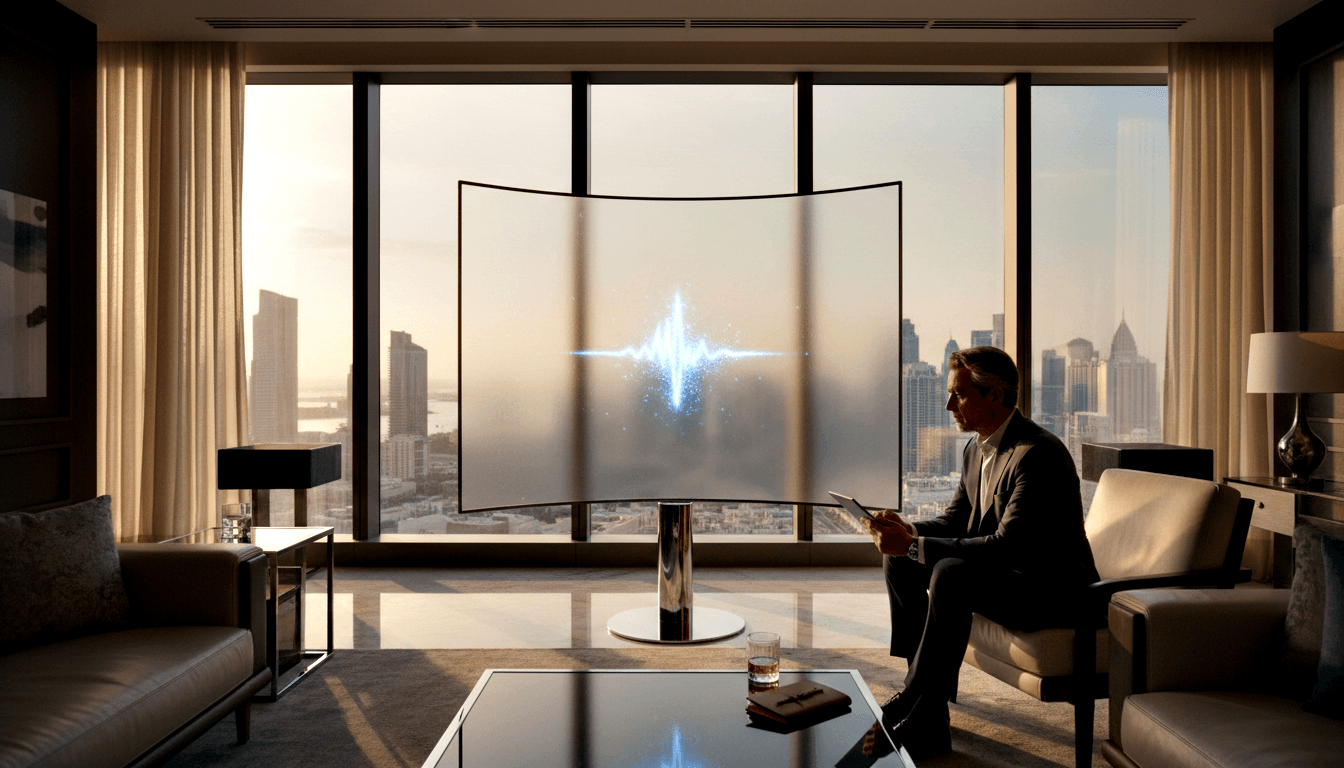 Man in dark suit sits in leather armchair before a curved transparent display projecting a blue waveform, city skyline visible at golden hour.
