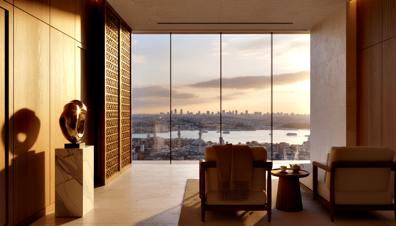 CGI living space with floor-to-ceiling glass walls overlooking a waterway, terracotta rooftops, high-rises, and a domed mosque at golden hour.
