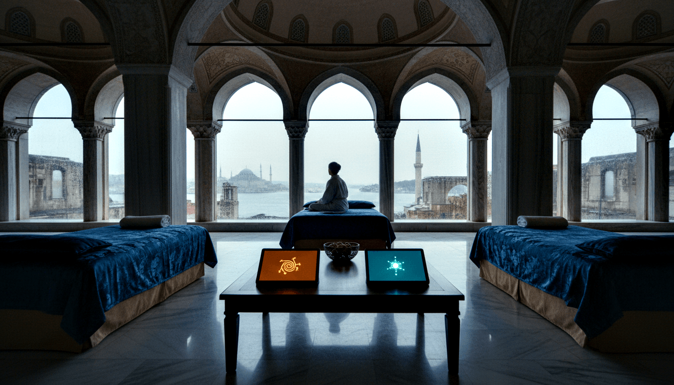 Grand Islamic hall with pointed arches, marble floors; white-robed figure sits on central bed facing waterfront windows.