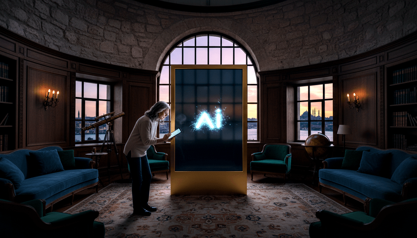 Woman in white sweater holds tablet beside a gold-framed kiosk projecting cyan holographic 'Ai' in a circular dark-wood library.