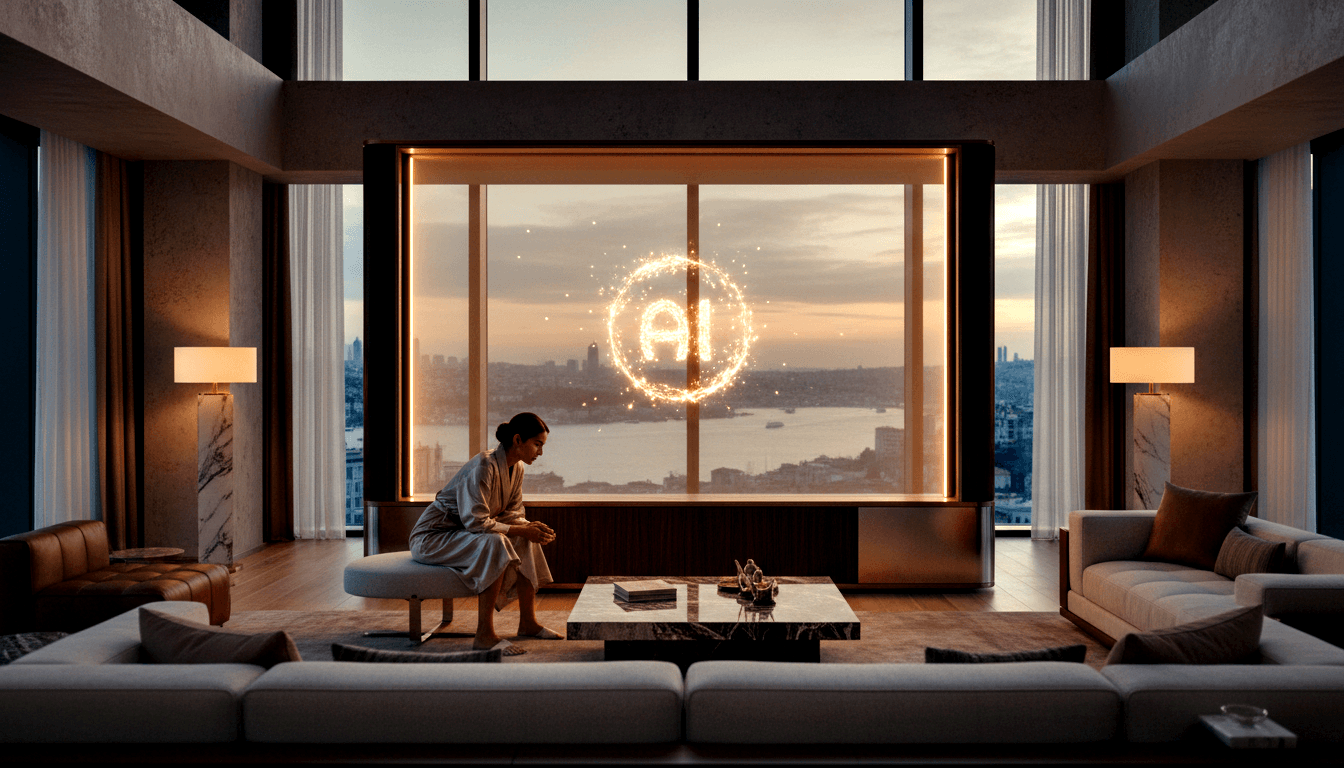 Dark-haired woman in light robe sits barefoot on an ottoman, gazing at a glowing holographic AI orb near a panoramic twilight cityscape window.