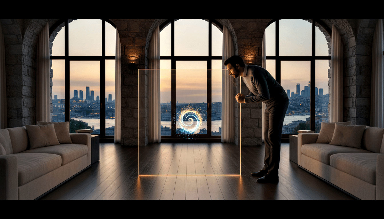 Man in grey shirt and dark trousers leans forward, hands clasped, examining a glowing frame with a blue and gold spiral vortex.