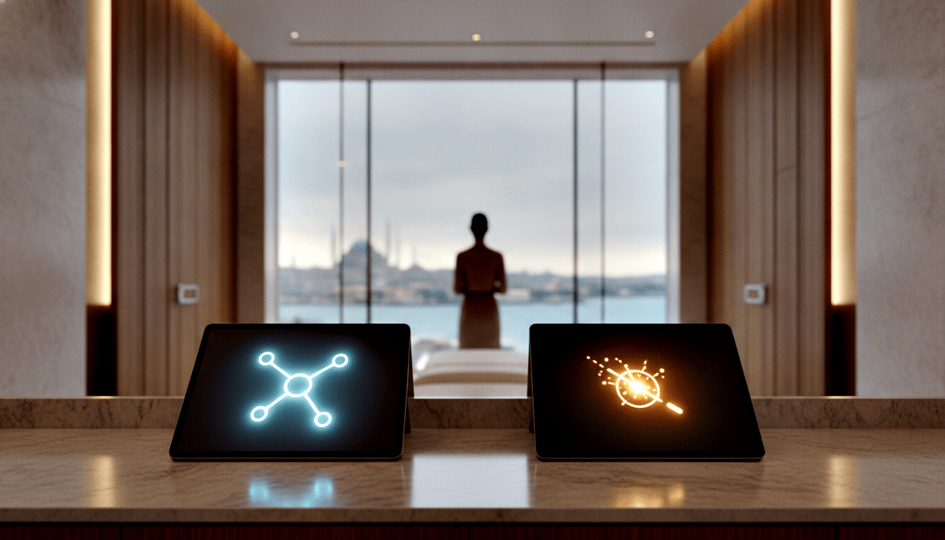 Two tablets on marble counter show cyan network and orange burst icons; woman faces floor-to-ceiling glass, waterfront skyline beyond.