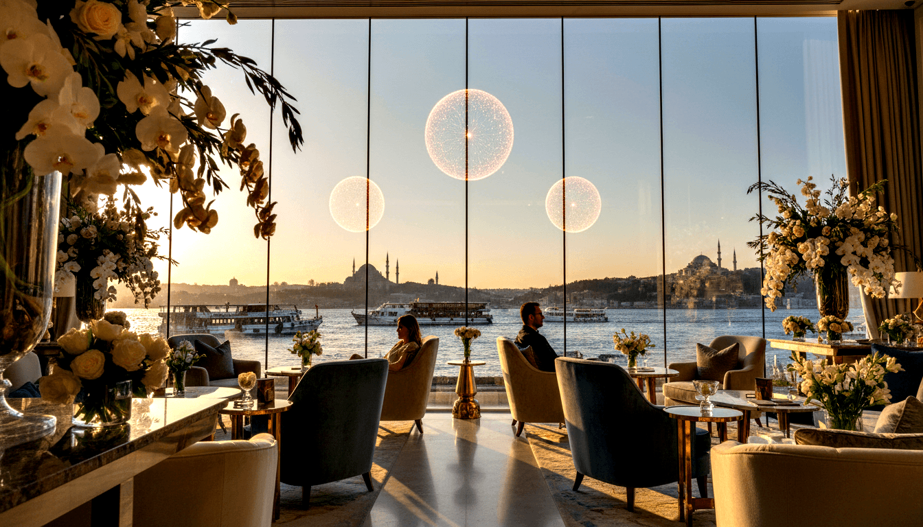 Two silhouetted figures in armchairs by floor-to-ceiling windows overlooking a waterway with ferries and mosque minarets at golden hour.
