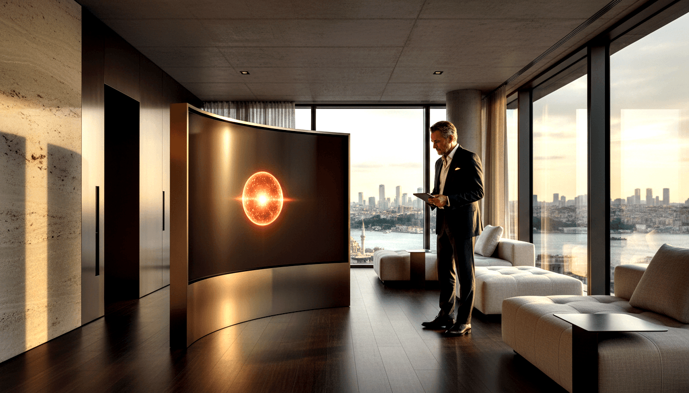 Silver-haired man in dark suit holds tablet in high-rise interior with curved gold-framed display, white sectional sofa, and city waterway view.
