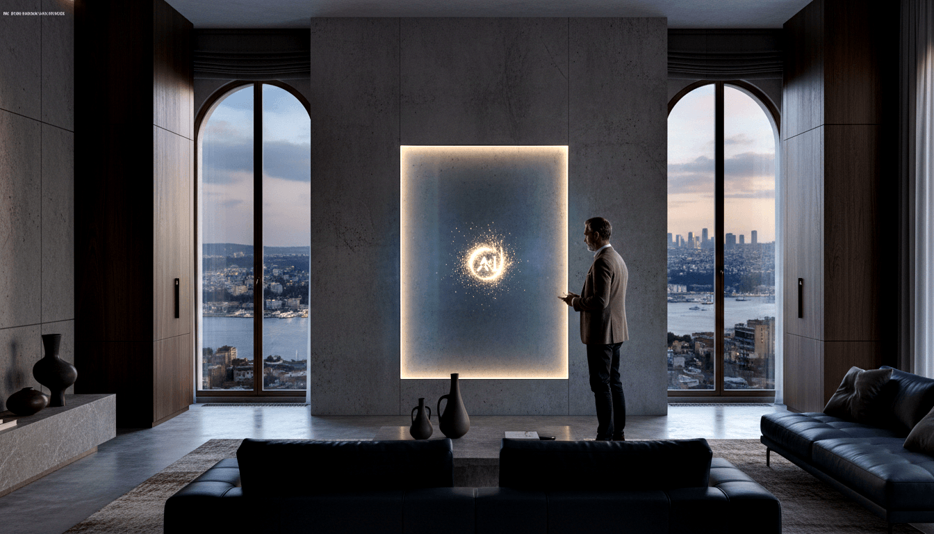Middle-aged man in beige blazer holds tablet before glowing circular emblem on backlit wall in CGI interior with dark sofas and arched windows.