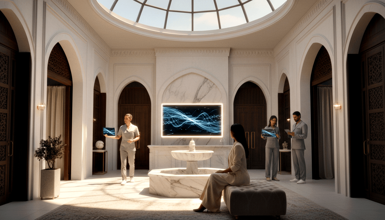 CGI atrium with marble walls, carved wooden arched doorways, glass dome skylight, dry fountain, and four figures at a blue-wave presentation.