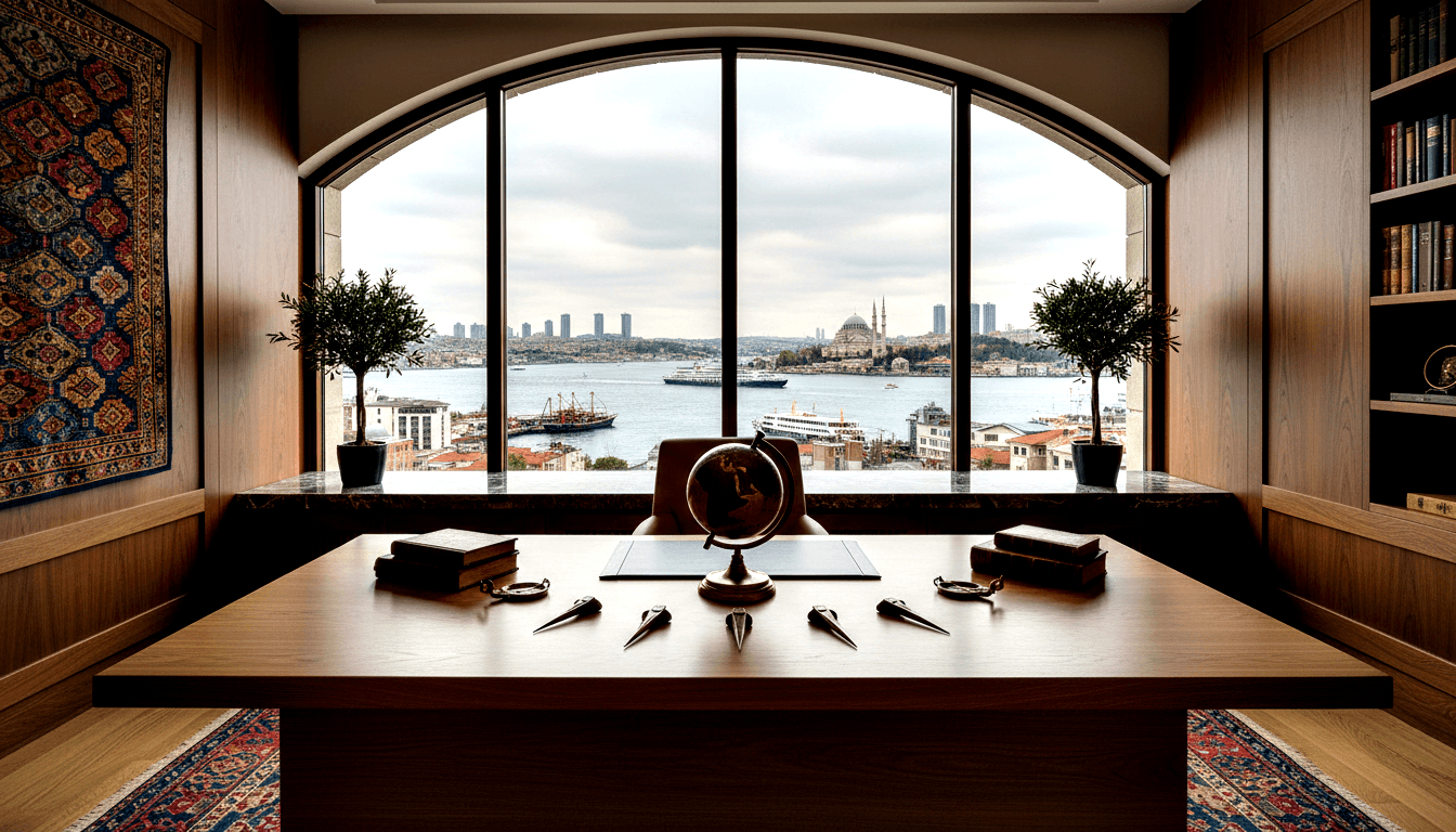 Executive wooden desk facing an arched window with views of a waterway, ships, domed mosque, and city skyline in a wood-paneled office.