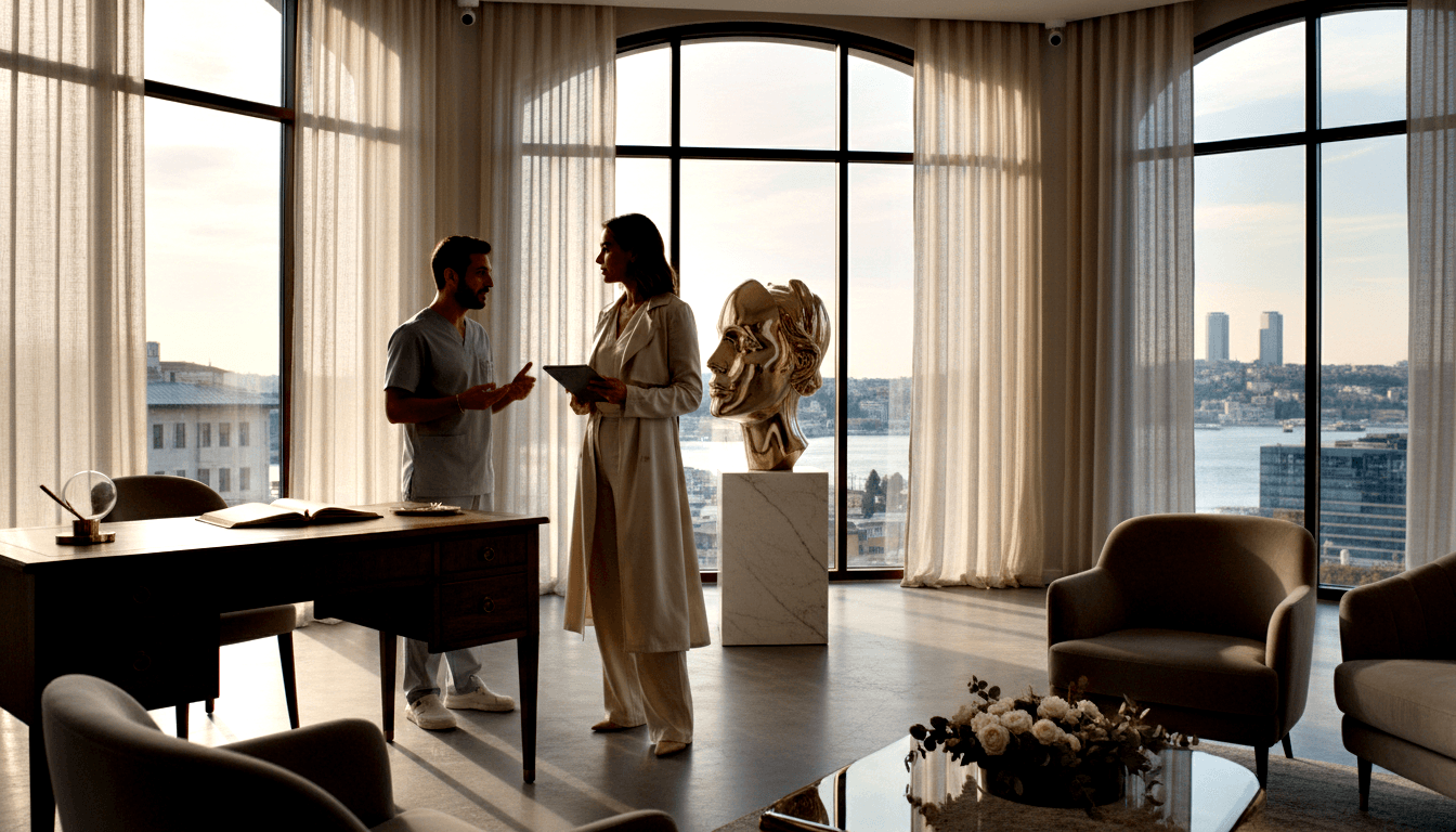 Two people facing each other in a high-floor room with arched windows, skyline view, velvet chairs, marble pedestal with gold bust.