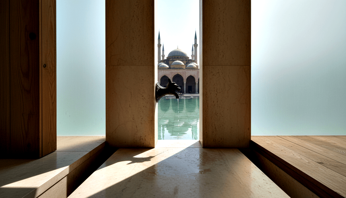 Classical multi-domed mosque with four minarets viewed through stone columns from a shaded ablution area with a teal reflecting pool.