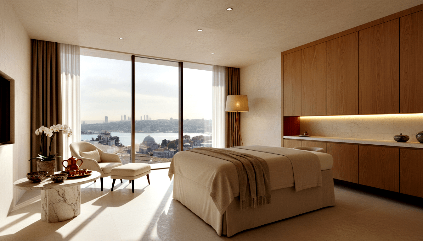 3D-rendered luxury bedroom with cream bed, curved chairs, marble table, glass doors opening to waterway and mosque skyline.