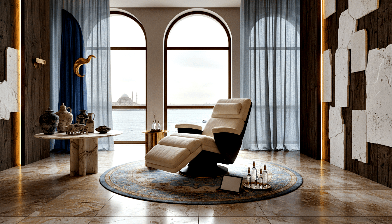 Cream recliner on blue-gold rug, marble floor, dark wood walls, amber lighting, arched windows with waterway view.