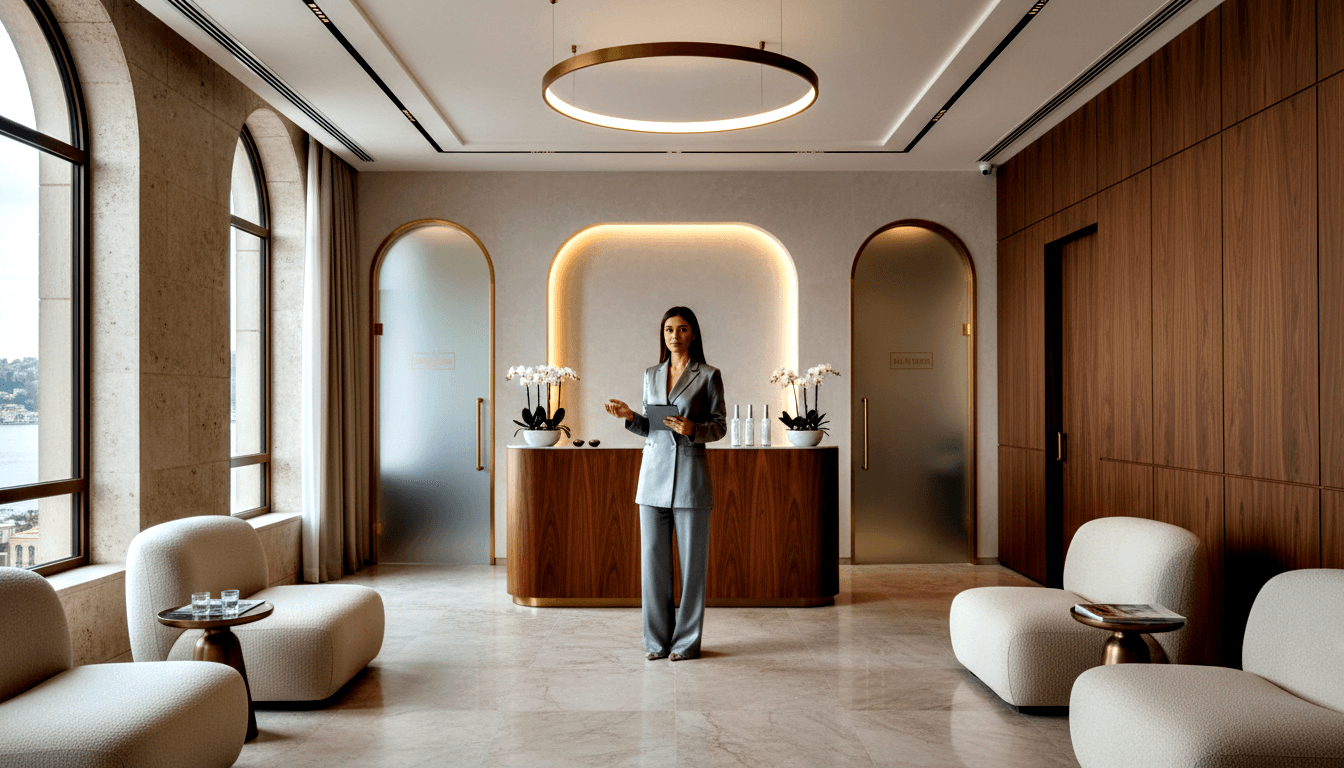 Woman in silver-gray satin blazer and wide-leg trousers holds a tablet before a curved wooden desk with brass trim.