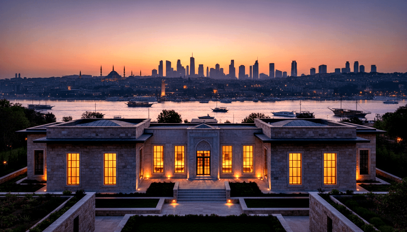 Neoclassical stone building glowing amber at dusk, flanked by garden paths, waterway and skyline of towers and minarets behind.