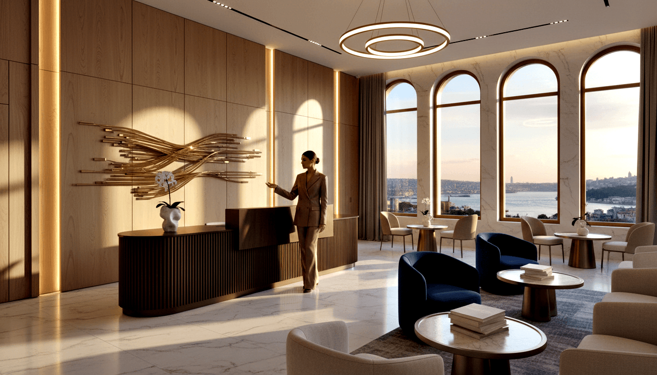 CGI lobby: fluted dark wood reception desk, woman in tan pantsuit, marble floors, arched windows, dusk waterfront skyline.