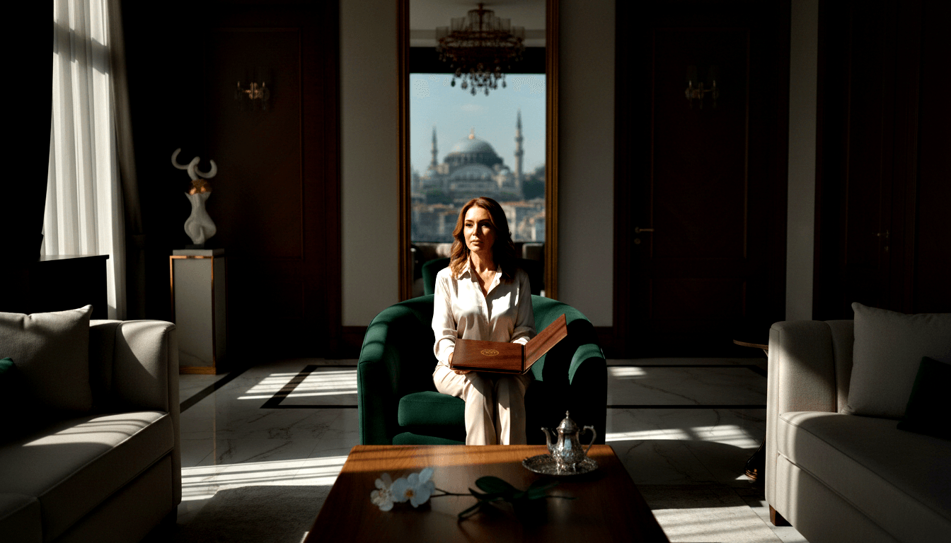 Woman in white blouse and cream trousers sits in green velvet armchair holding wooden box; Ottoman mosque visible through gold-framed window.