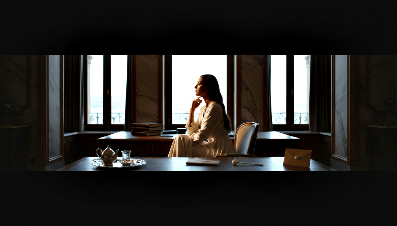 Woman in white sits at wooden desk with tea service, envelope, pearls, and pen, gazing at tall backlit multi-pane windows.