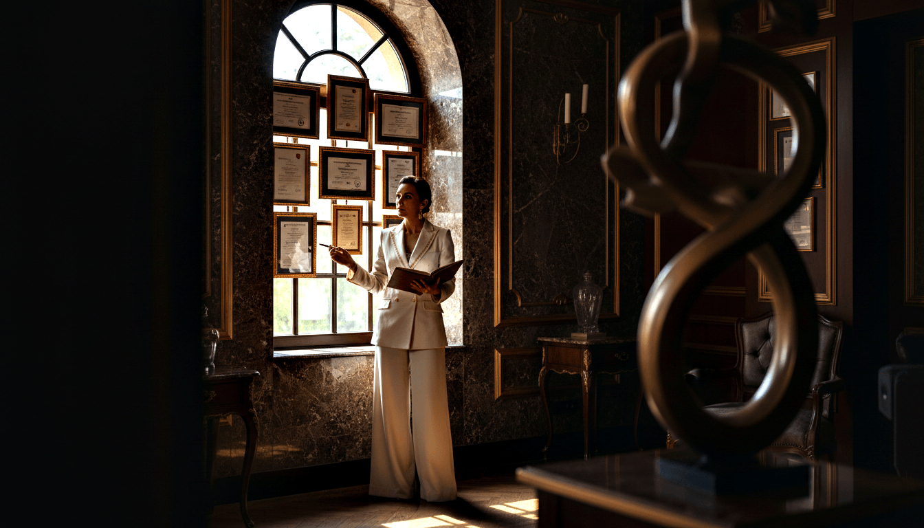 Woman in white blazer and wide-leg trousers holds notebook and pen, gazing upward before a large arched window in a dark interior.