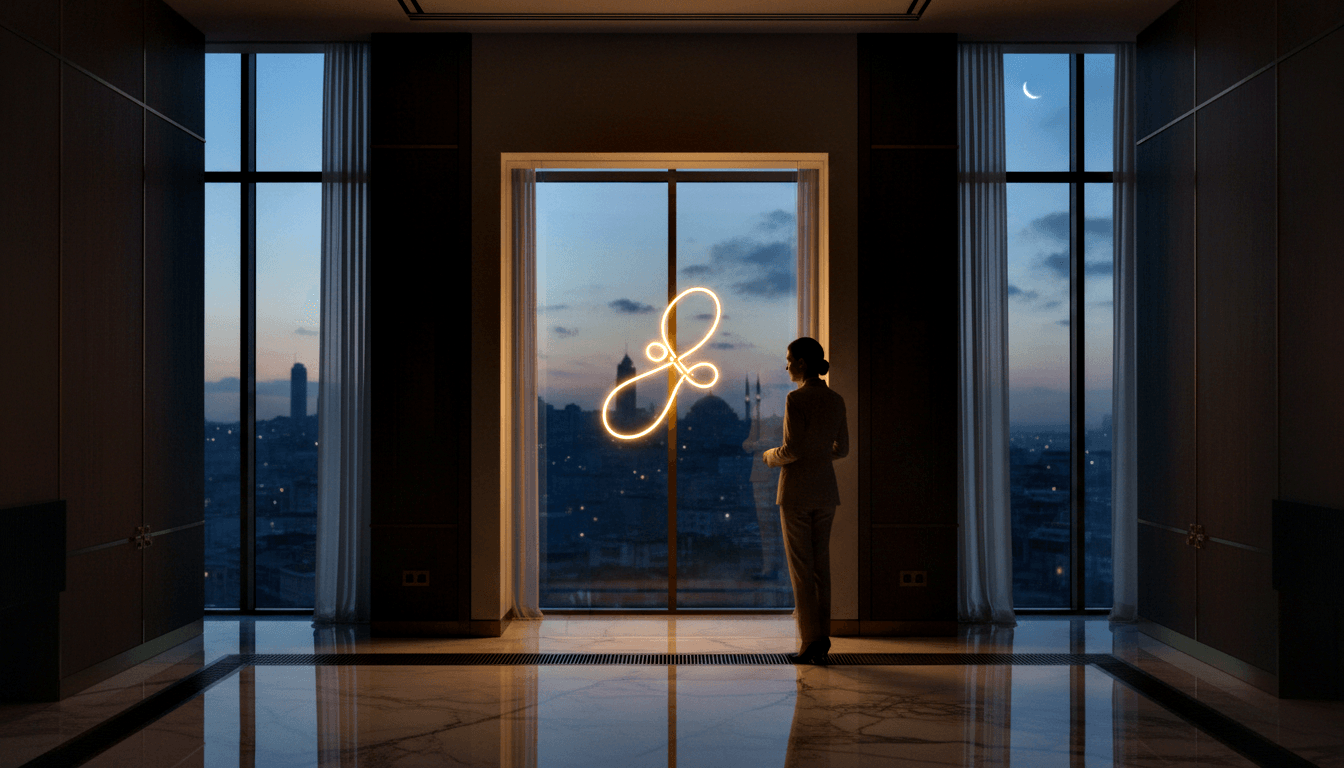 Person before floor-to-ceiling windows framing glowing amber neon figure-eight sculpture against navy twilight sky with domes and minarets.