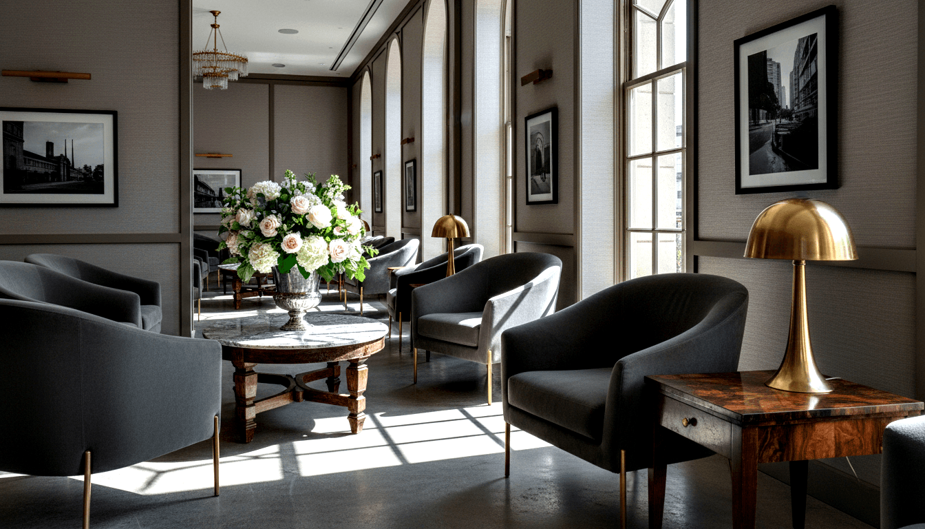 Gray velvet barrel chairs around marble coffee table with floral urn, gold dome lamps, gridded windows, arched doorway with chandelier.