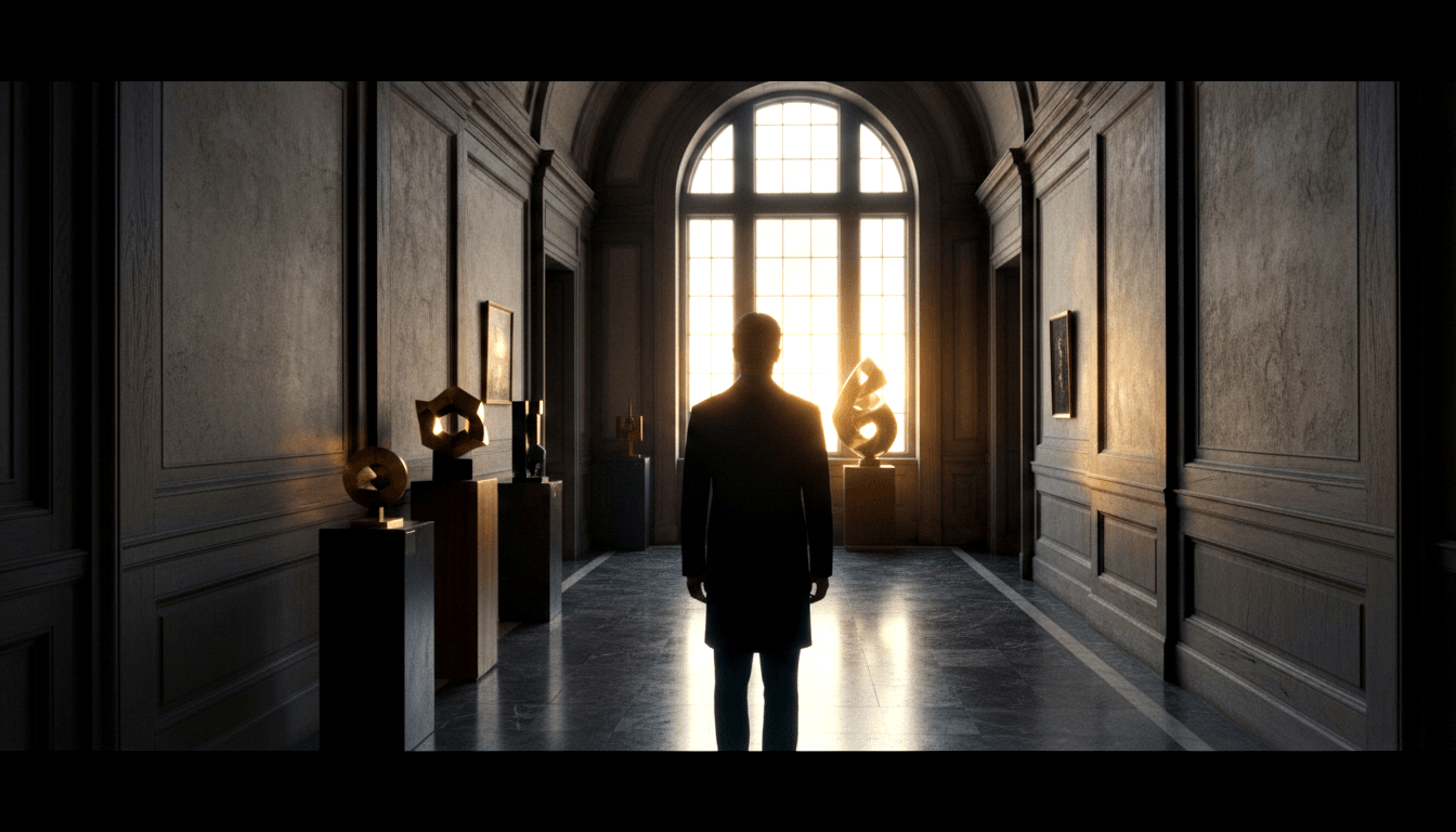 Silhouetted man in long coat stands in barrel-vaulted corridor facing arched window with golden-amber backlight, flanked by bronze sculptures.