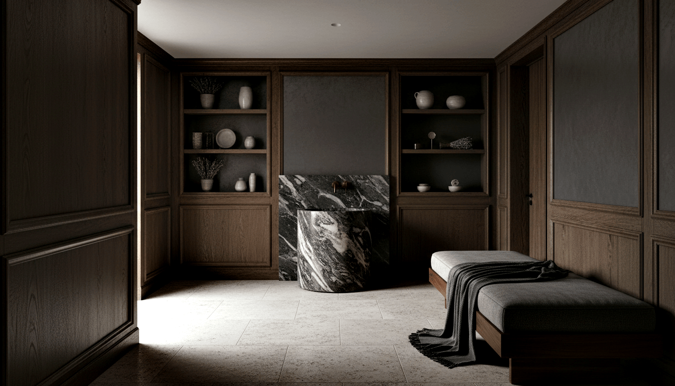 Freestanding dark green-black marble bathtub with white veining in a dark oak paneled alcove with built-in shelving.