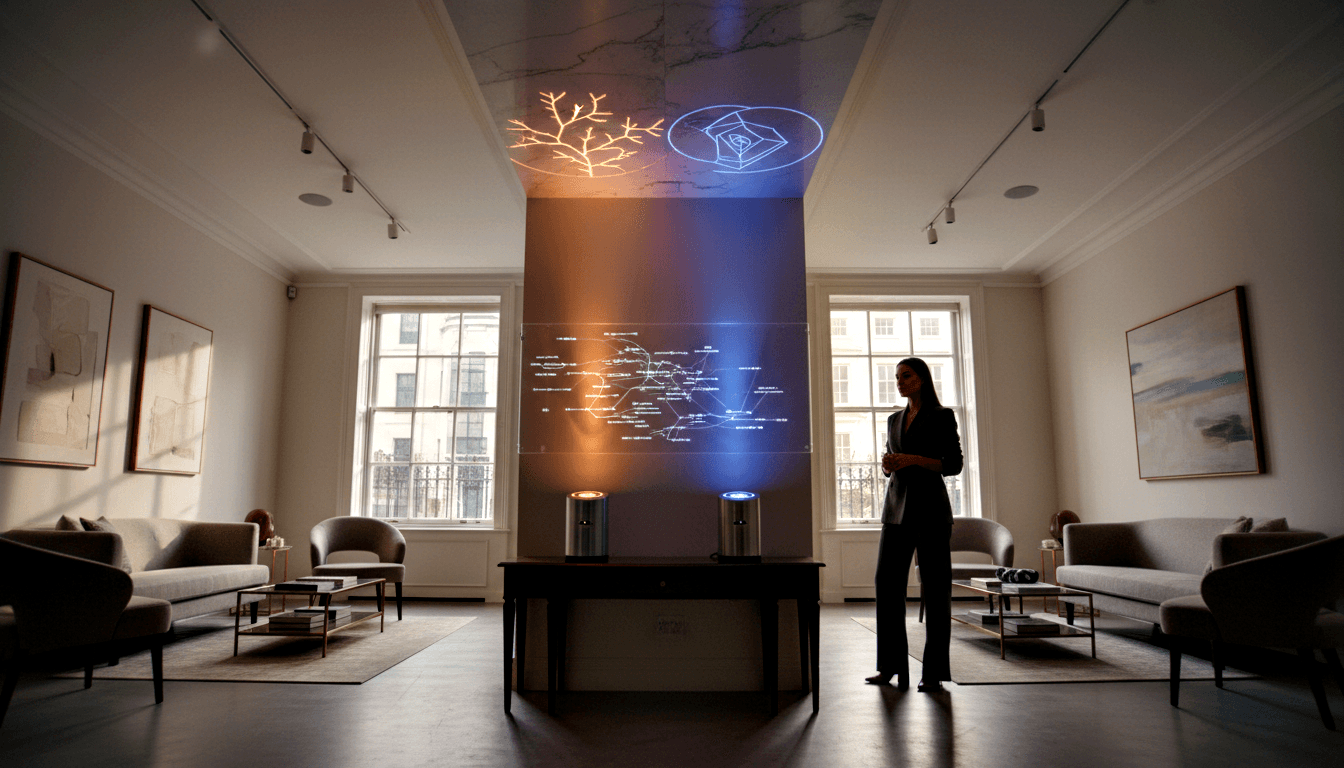 Woman in dark blazer and wide-leg trousers observes two cylindrical projectors casting amber and blue beams with diagrams onto ceiling and wall.