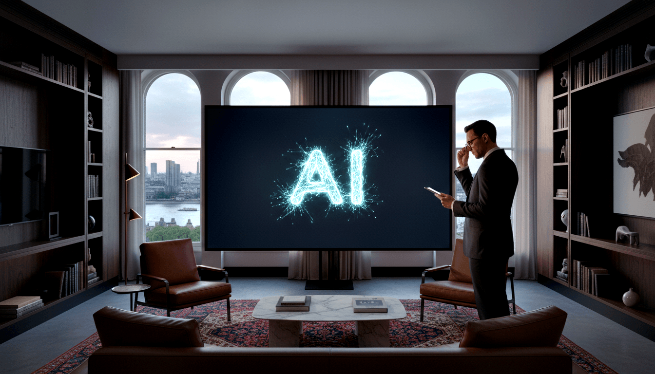 Man in dark charcoal suit stands beside large display showing glowing cyan 'AI' in light particles, flanked by floor-to-ceiling bookshelves.