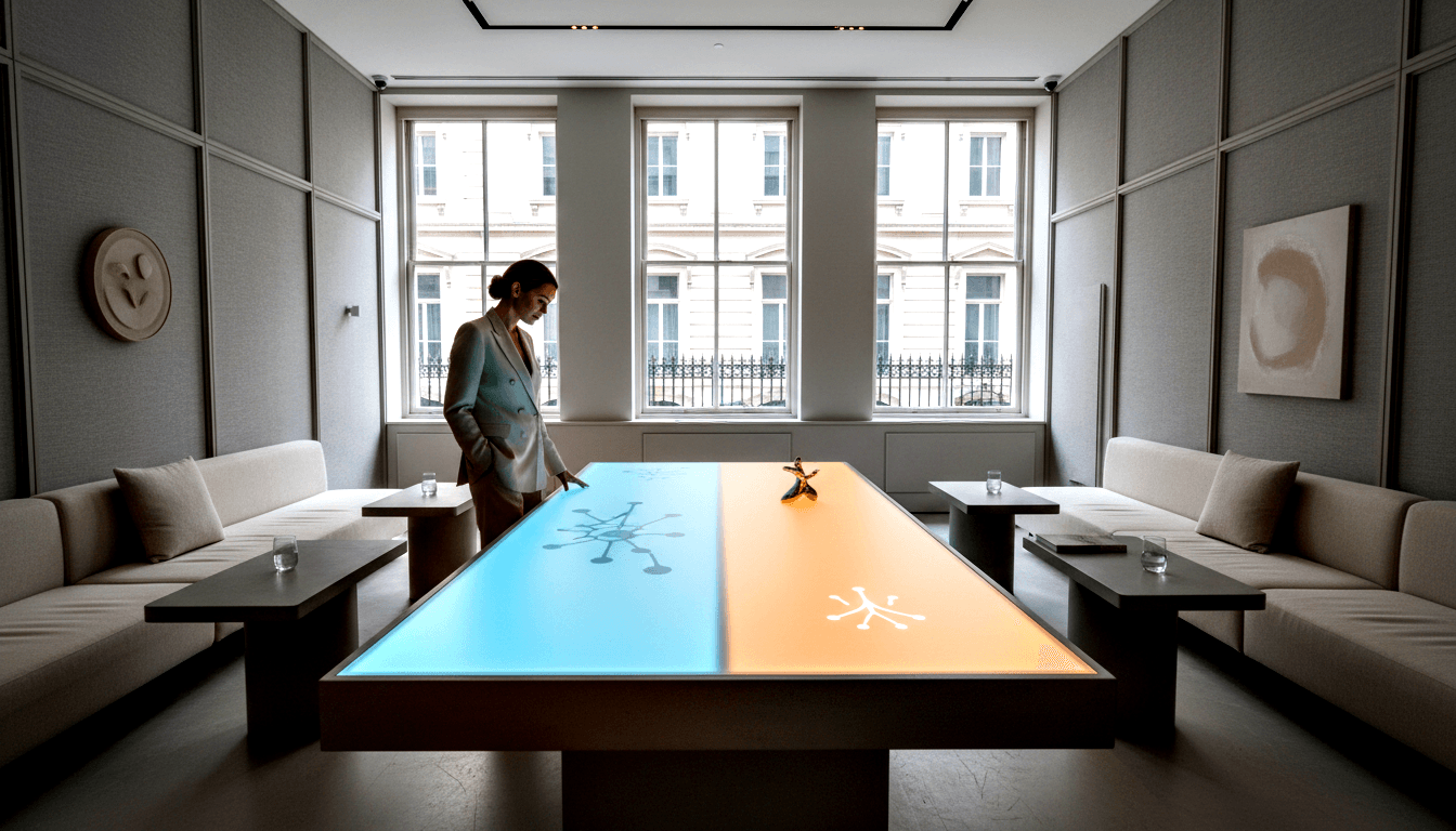 Woman in sage blazer and rust trousers leans over a large backlit table with glowing blue and amber panels in a symmetrical room.