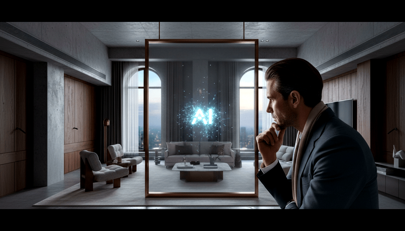 Man in dark suit with hand to chin faces a large copper-framed rectangle emitting cyan holographic glow with 'AI' at center.