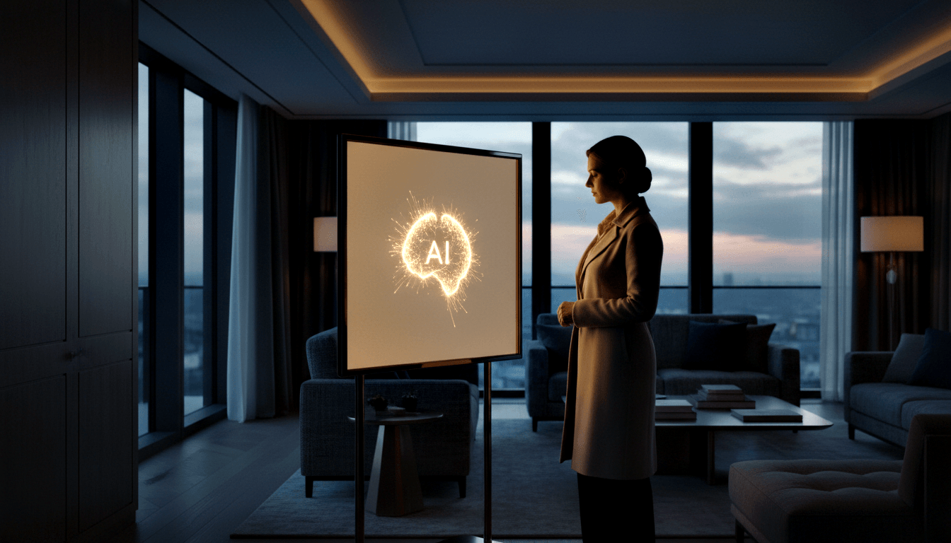 Woman in camel coat stands beside an illuminated display showing a glowing brain graphic with text 'AI', city skyline visible at dusk.