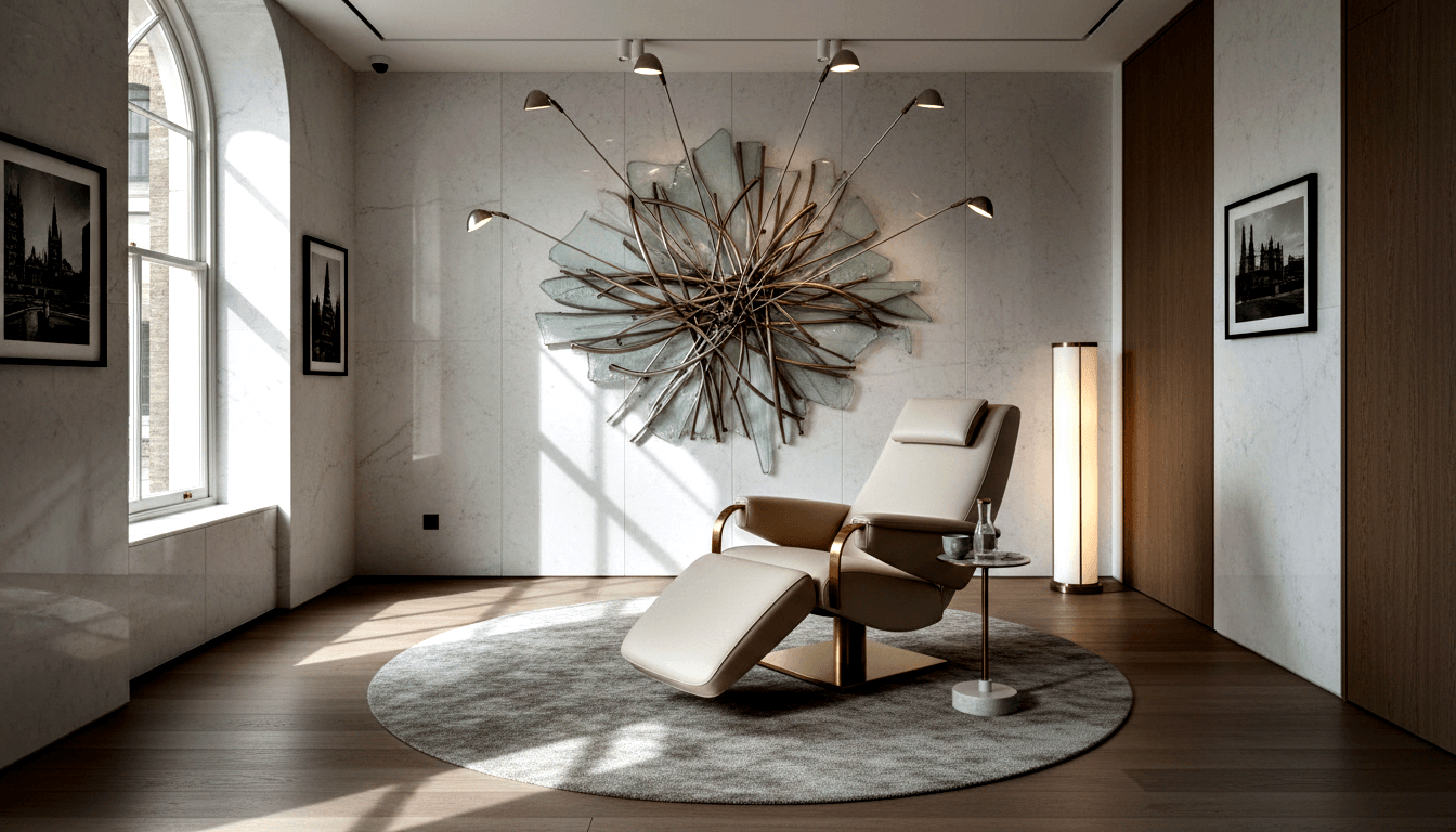 Cream leather recliner with brass armrests and extended footrest on grey rug; marble walls, starburst sculpture, and arched window shadows.