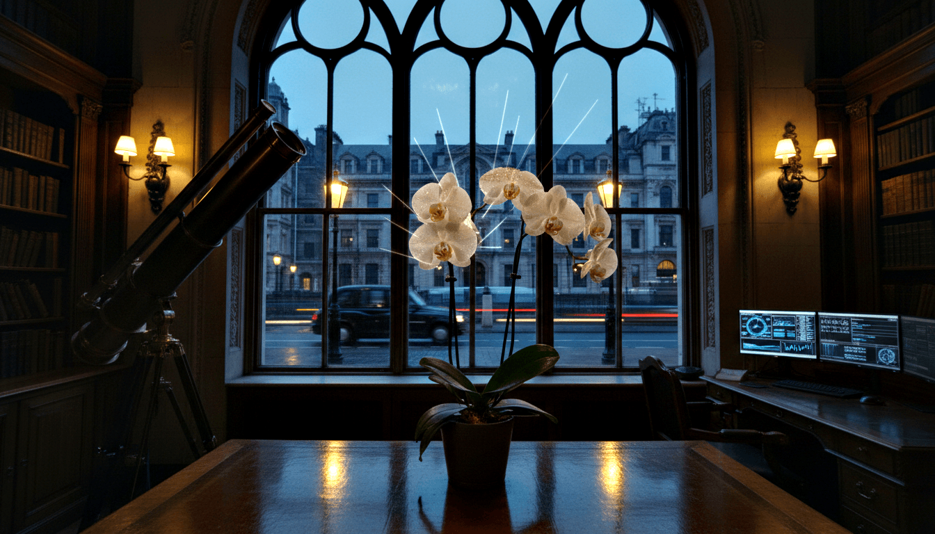 White moth orchid in terracotta pot centered on mahogany desk, light streaks radiating, in Gothic study with sconces and monitors.