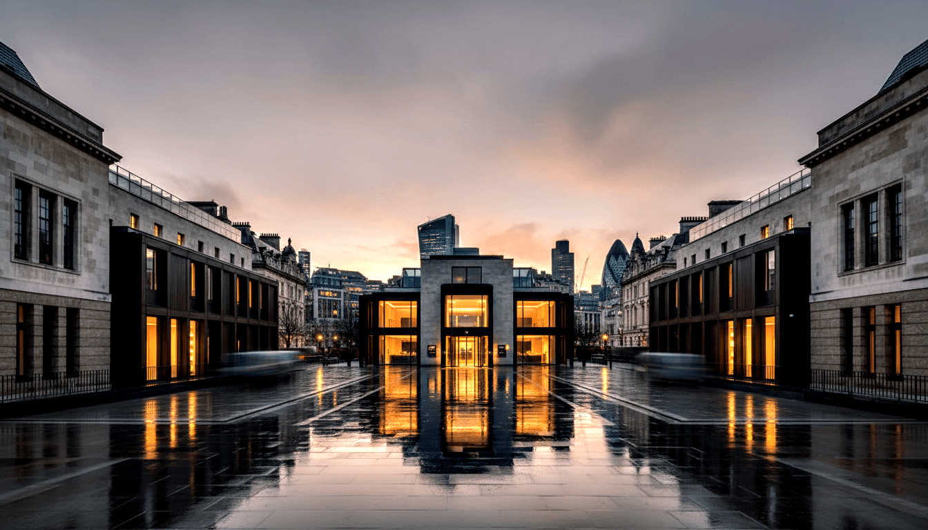 Urban plaza at dusk: lit glass pavilion centered, wet pavement reflects amber light, classical stone buildings flank, winter trees frame.