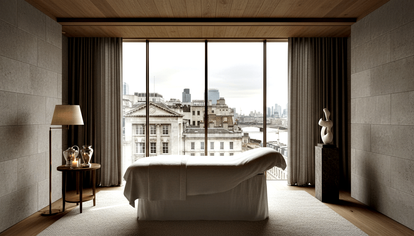 Massage table with white linens centered before a floor-to-ceiling window overlooking an overcast urban skyline with a river and towers.